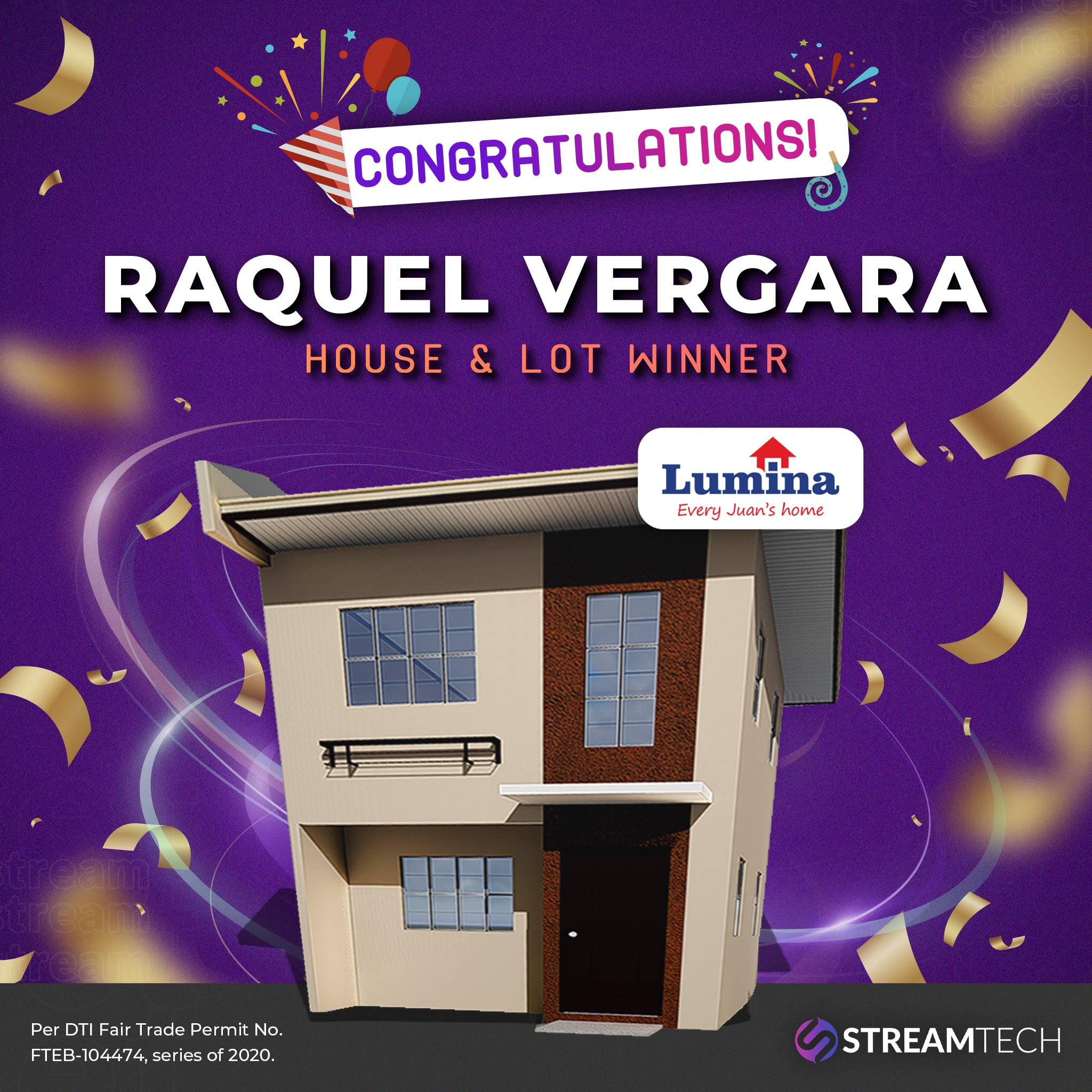 Congratulations to the first House and Lot Winner, from Streamtech Fiber Internet!
