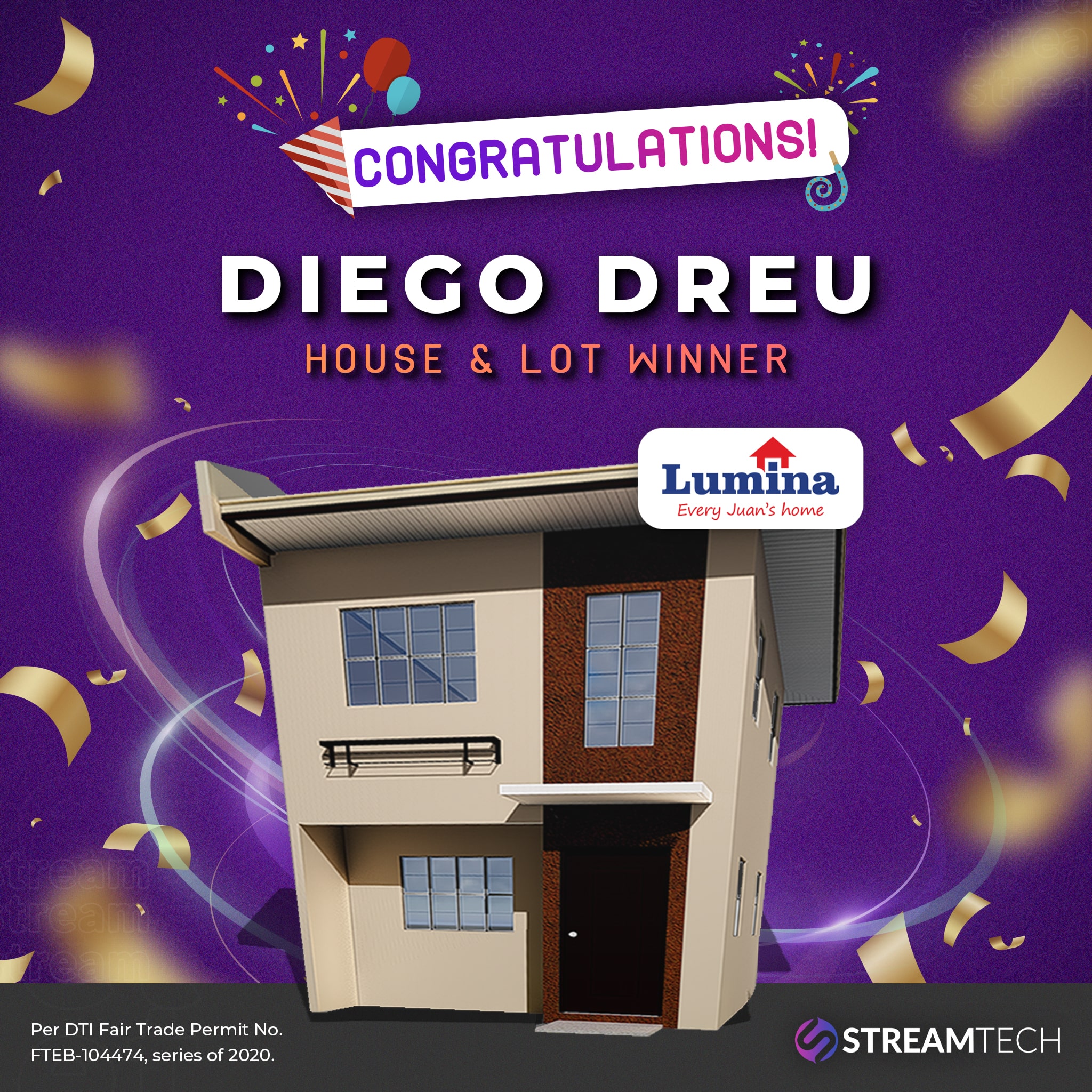Congratulations to the Second House and Lot Winner, from Streamtech Fiber Internet!