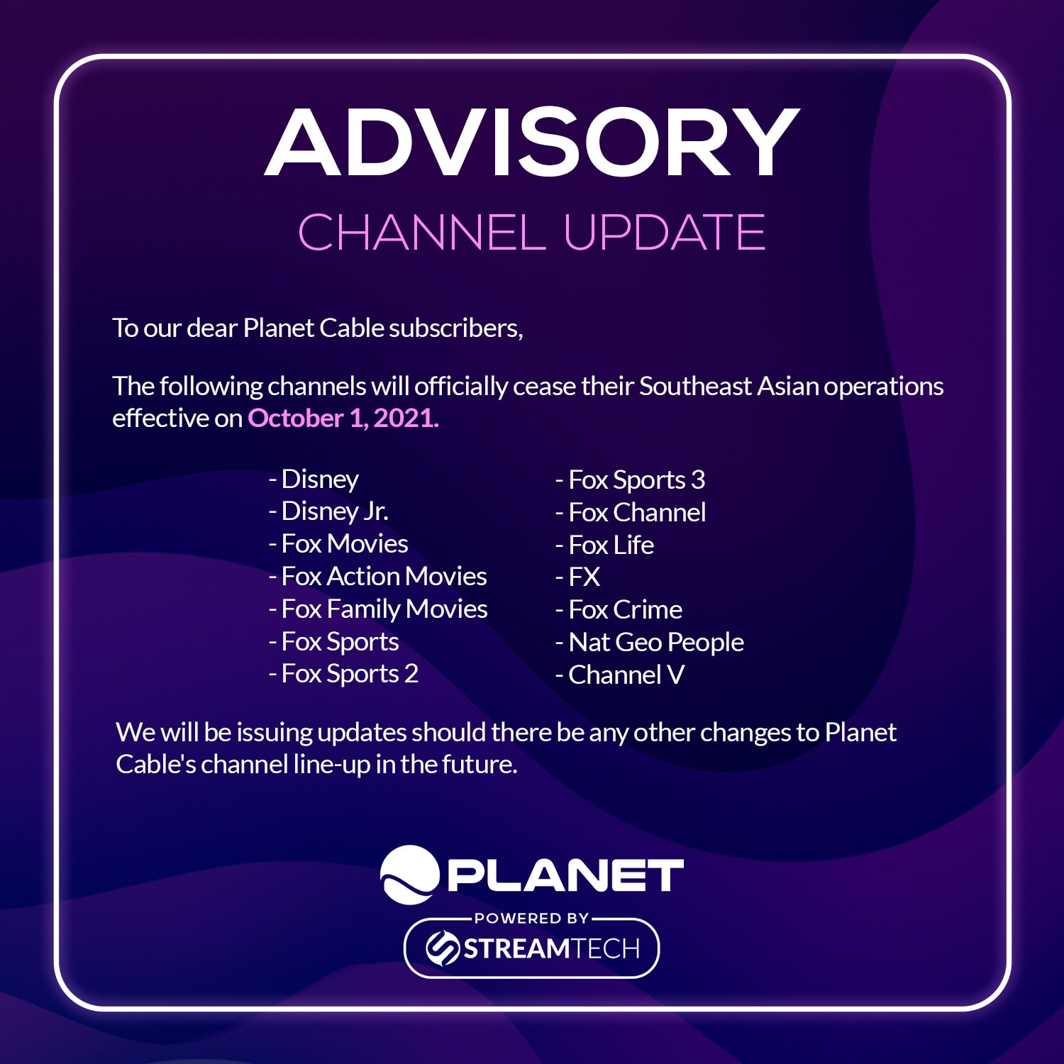 Planet Cable Channel Update - Streamtech Fiber Internet